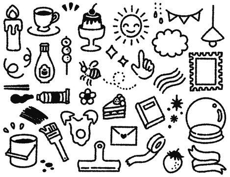 食べ物や雑貨などのかわいい手描きアイコンセット