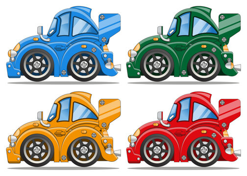 Set of colorful short racing cars. Side view. Isolated on white background. Vector illustration. 