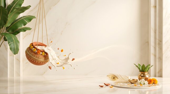 Janmashtami dahi handi celebration background with milk splash with composition traditional clay
