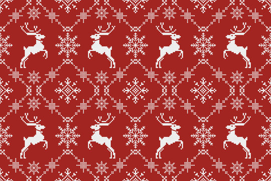 Christmas and New Year seamless pattern. snowflakes reindeer on pixel pattern for winter hat,jumper,sweater, wrapping,fabric,border,rim,carpets, blankets, towels.	