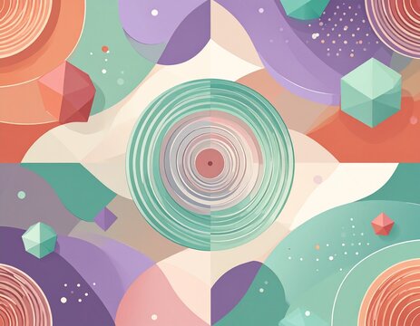 Vibrant abstract geometric background with floating crystal polygons and neon spiral design