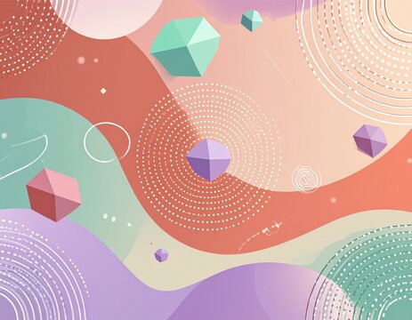 Vibrant abstract geometric background with floating crystal polygons and swirling gradient waves