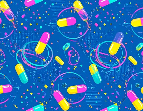 Vibrant retro-futuristic neon capsule pattern with glowing orbital rings and abstract space motifs