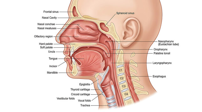 Anatomical cross section of human head showing nasal cavity and throat