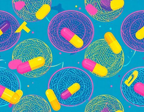 Vibrant retro-futuristic geometric wallpaper with neon capsules and orbital rings in abstract design