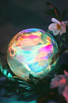 Glowing iridescent sphere surrounded by dark foliage and delicate flowers
