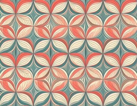 Seamless floral pattern with geometric leaf shapes in vibrant red and teal on soft background