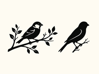 Fototapeta premium Black silhouettes of two small birds perched on detailed tree branches with leaves, isolated on white background