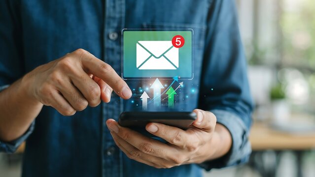 Man using smartphone to check incoming email messages with virtual notification icon