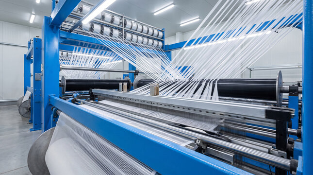 Industrial blue weaving machine with white yarn threads running across rollers in a modern textile factory