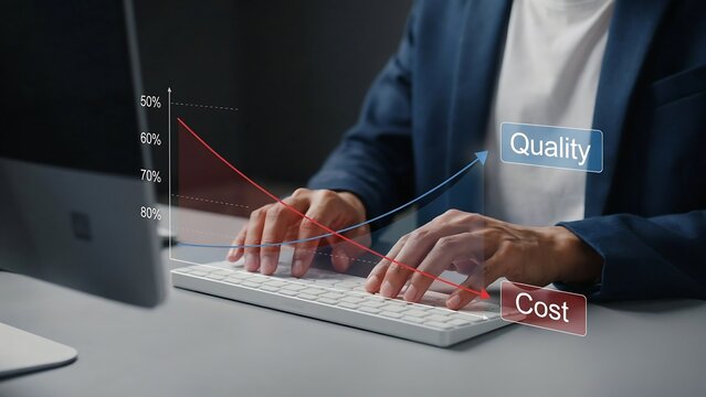 Businessman typing on a keyboard with futuristic digital graphs showing quality increase and cost reduction concepts