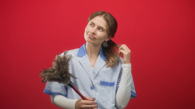 Woman cleaner in striped uniform holding a feather duster and twirling her hair in studio against a red backdrop; daydreaming routine.