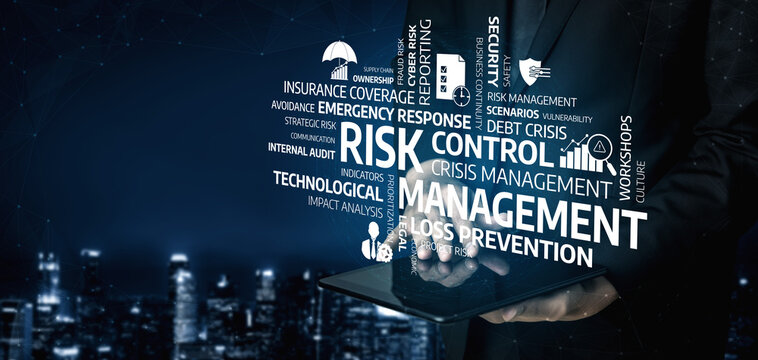 A business professional demonstrates key concepts of risk management and crisis control using technology, emphasizing strategic planning in a modern urban setting. Tessel