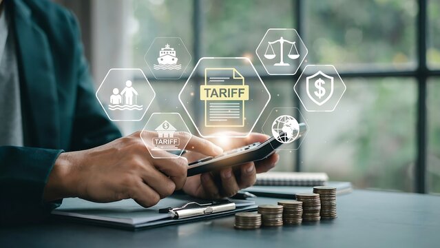 Businessperson Using Calculator to Calculate Customs Duty and Tariff Rates, Financial Tax Concept
