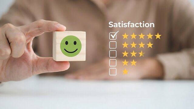 Customer satisfaction evaluation concept with wooden block featuring green smiley face and five star rating system