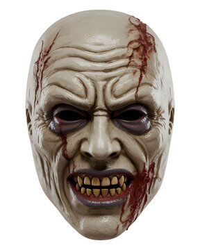 Creepy scary zombie mask with bloody wounds and yellow teeth against white