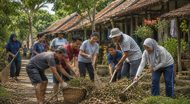 indonesian community doing gotong royong cleaning up village environment together