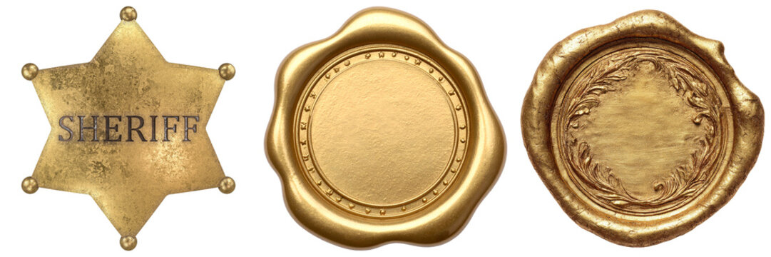 Sheriff badge and two golden wax seals isolated on white background
