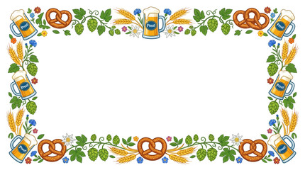 Naklejka premium Beer Festival Decorative Border with Pretzels and Wheat
