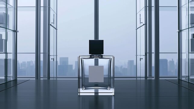 Empty transparent square glass perfume bottle placed on dark table with cityscape background for luxury product display presentation