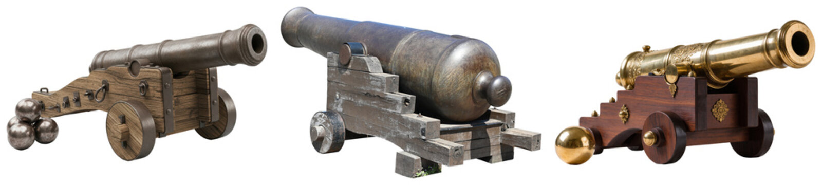 Three antique cannons with cannonballs, isolated on a white background