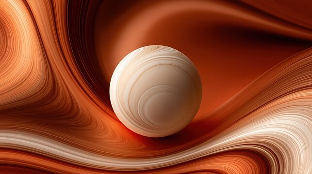 Light beige sphere on warm orange flowing wavy textured background abstract modern 3d geometric organic design with warm tone