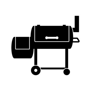 Black and white of a horizontal barrel smoker grill with a side firebox and chimney, isolated on a white background, for barbecue