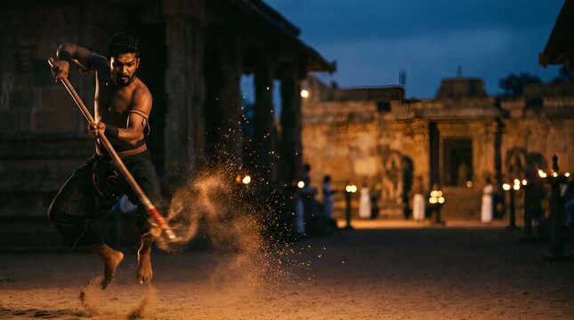 Traditional Angampora warrior with wooden staff action copy space