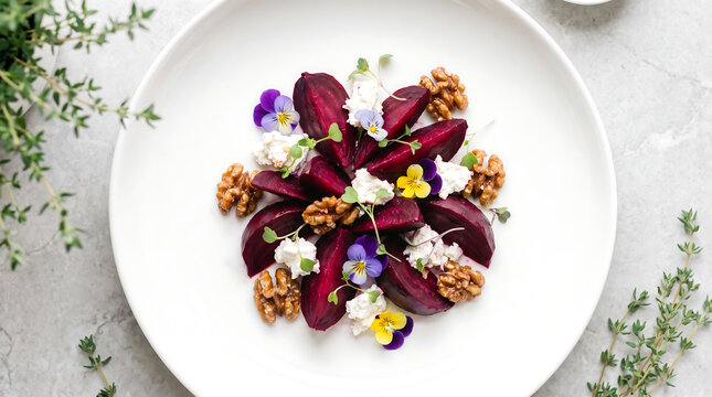 Gourmet roasted beetroot salad with goat cheese crumble glazed walnuts and edible flowers served on white plate top view fine dining healthy food concept