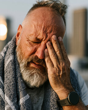 The man wrapped in a towel, holding his forehead