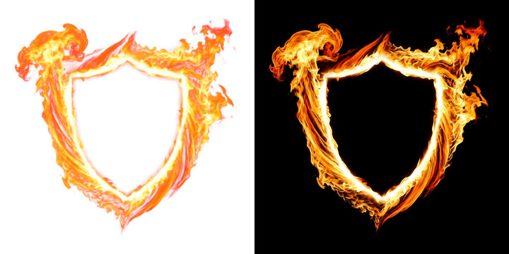 Swirling vortex shield fire frame with streaming combustion streams, fire overlay isolated on transparent background