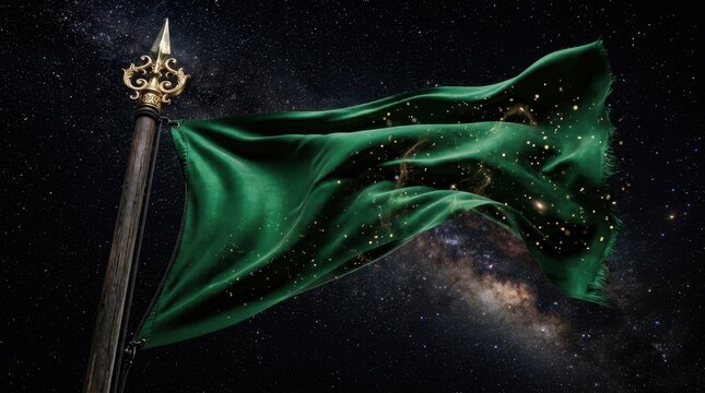 Green Flag Waving Against Starry Space Background