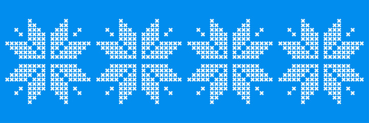 Naklejka premium Blue and white Christmas cross stitch border with snowflake embroidery pattern. Vintage folk decorative seamless design for greeting card, wrapping paper, textile, packaging, holiday branding. Vector 