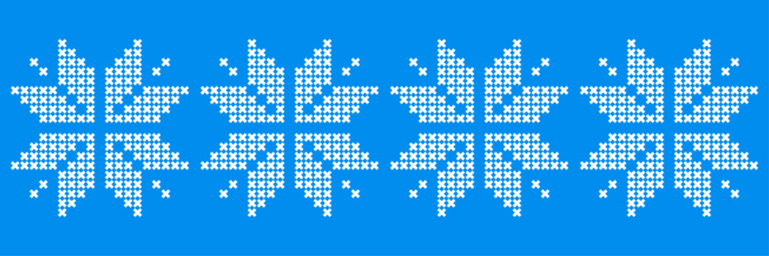 Blue and white Christmas cross stitch border with snowflake embroidery pattern. Vintage folk decorative seamless design for greeting card, wrapping paper, textile, packaging, holiday branding. Vector 
