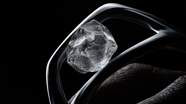 Close view of brushed silver jewelry setting holding rough uncut raw diamond crystal on dark black background luxury precious gemstone jewelry
