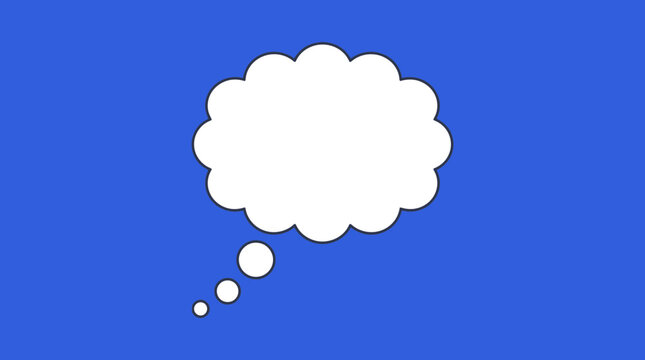 White thought bubble graphic with black outline floating against a vibrant flat solid blue background