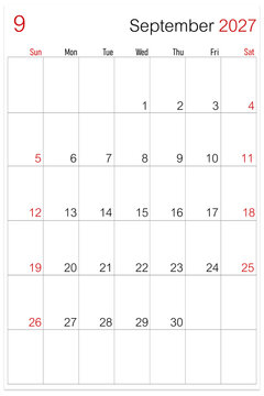 September 2027, calendar page isolated on white background, save clipping path.