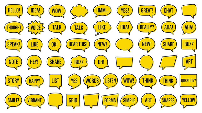 Vibrant yellow speech bubble icons featuring various creative shapes for digital communication and social media design