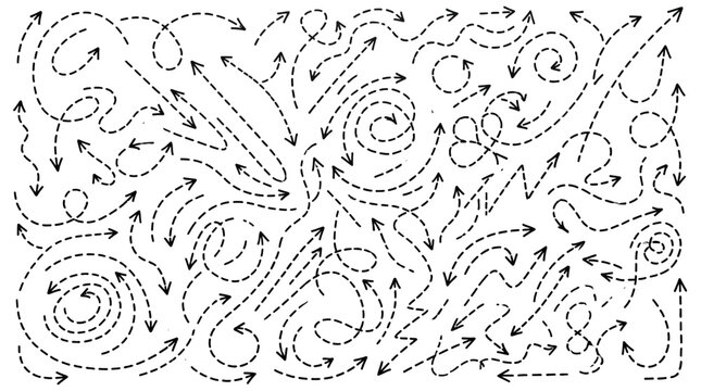 Hand drawn black dashed arrows showing complex swirling directions on white background for creative design