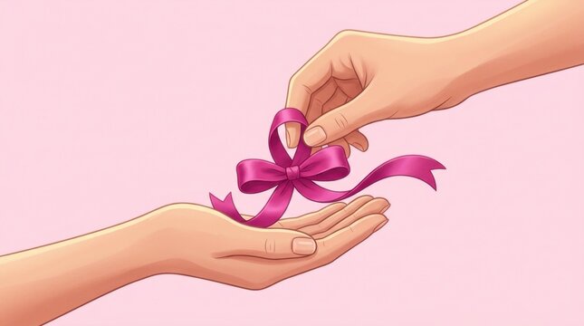 Hands Passing Pink Ribbon for Awareness Campaign