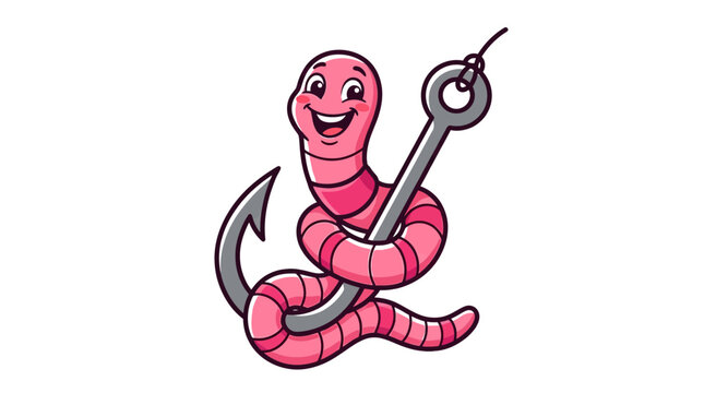 Happy pink cartoon earthworm wrapped around a sharp metal fishing hook with thick black outlines