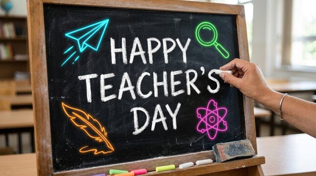 Hand Drawing Happy Teachers Day on Chalkboard