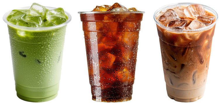 Refreshing trio of iced beverages, including vibrant green matcha, rich dark coffee, and creamy iced latte.