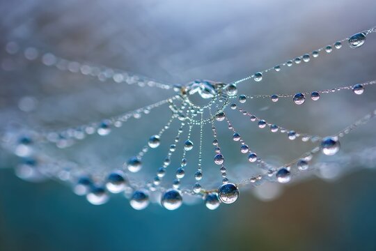 Dew-kissed spiderweb, intricate details, water droplets