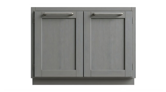 Contemporary grey wooden double door wall cabinet with horizontal metal handles offers sleek storage for modern kitchen or bathroom interior design layouts.