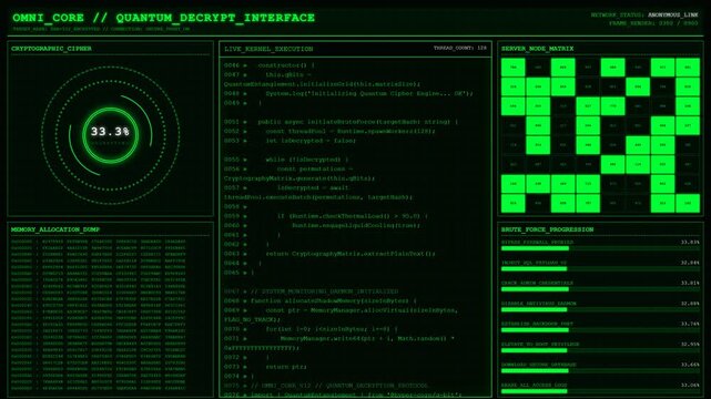Omni Core Quantum Decrypt Interface Hacker Terminal Screen Animation.
