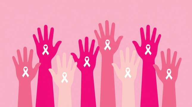 Diverse Hands Raising for Breast Cancer Awareness