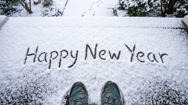 Happy New Year Written in Snow with Boots