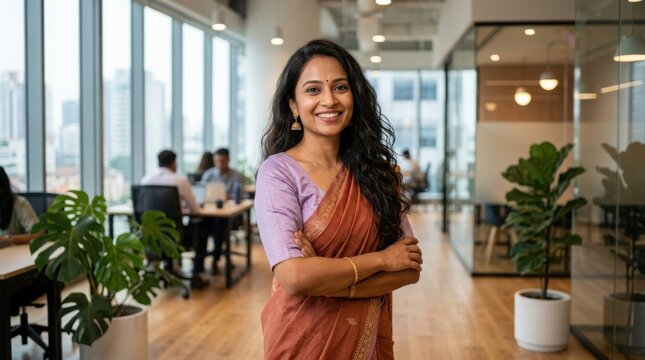 Smiling indian woman wearing traditional ethnic saree stands in contemporary office environment representing cultural pride.