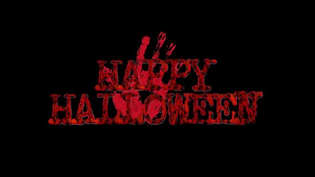 fiery Happy Halloween text transforming with a spooky bloody handprint splash on a black background